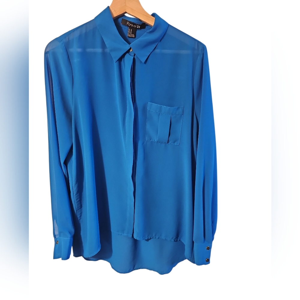 FOREVER 21 Vibrant Blue Sheer Blouse, Women's, Size M
